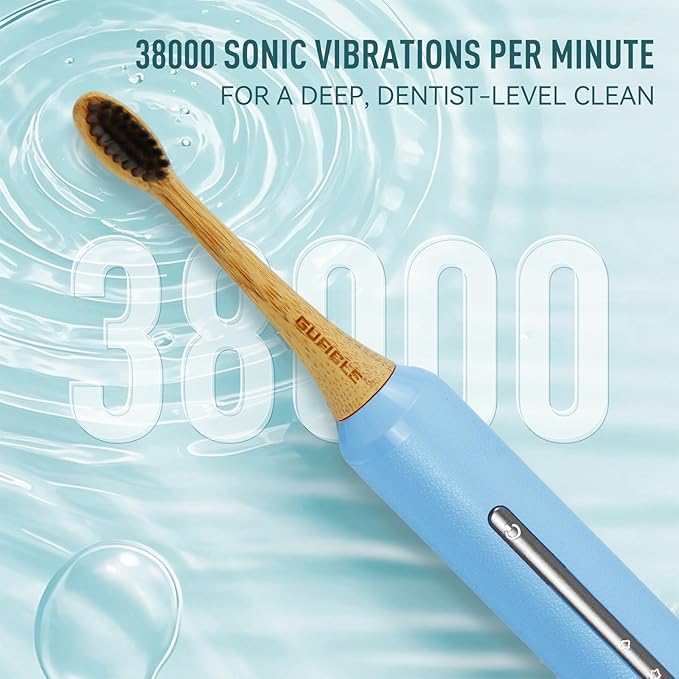 Bamboo Electric Toothbrush for Adults丨Rechargeable Electric Toothbrush with 3 Non Toxic Charcoal Infused Bamboo Brush Heads, 5 Cleaning Modes, 60 Days Battery Life, IPX7 Waterproof-Blue