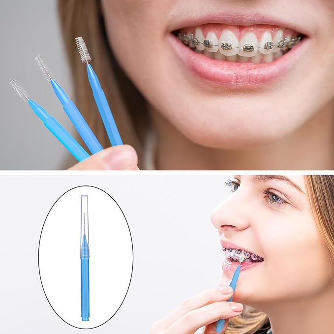 Patelai 100 Pieces Braces Brush for Cleaner Interdental Brush Toothpick Dental Tooth Flossing Head Oral Dental Hygiene Flosser Toothpick Cleaners Tooth Cleaning Tool(Blue,Proper Size)