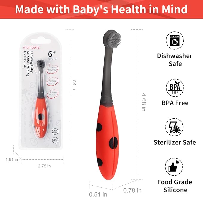 Mombella Ladybug Baby Toothbrush 6 to 12 Months and Up, Extra Soft Silicone Infant to Toddler Training Toothbrush for Baby's First Teeth, Oral Care Teether Over 6m+, Clean and Massage Tender Gums 1pc
