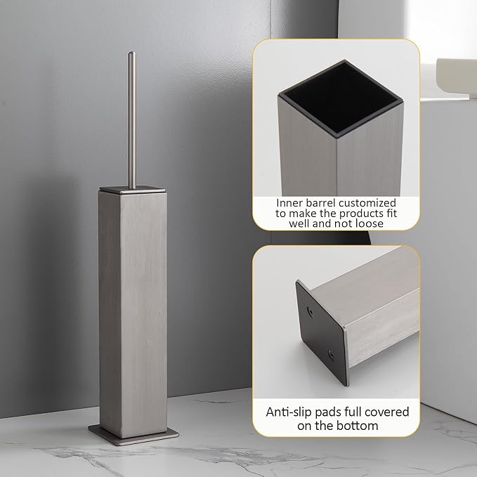 Toilet Brush and Holder Floor Standing, Brushed Nickel with 2 Replaceable Heads, Freestanding Toilet Bowl Brush with Removable Liner and Splash Guard, Modern Square Design