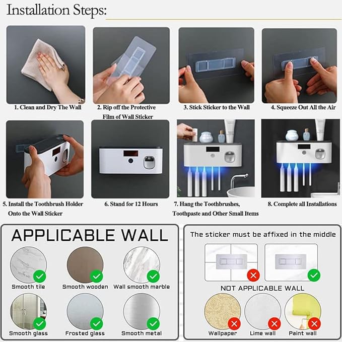 Toothbrush Holders for Bathrooms, Toothbrush Holder Wall Mounted with Toothpaste Dispenser Bathroom Solar Charging and No Drilling Required Tooth Brush Holder with 5 Brush Slots(Black)