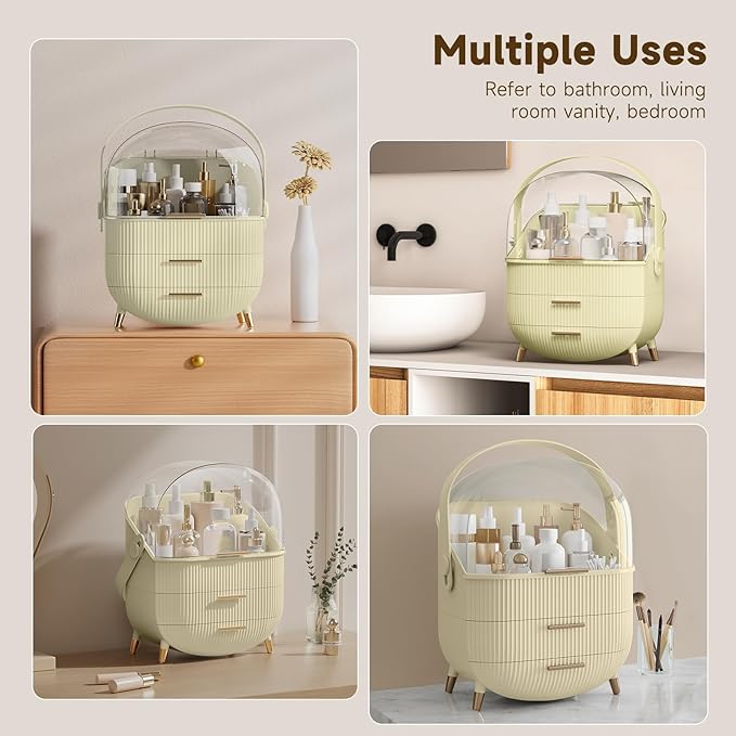 Makeup Organizers, Make Up Organizer for Vanity, Countertop Cosmetic Storage with Drawers and Transparent Cover for Bedroom Bathroom, Maize-yellow