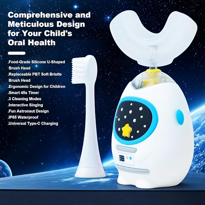 Kids U Shaped Electric Toothbrush with Music, 3 Modes, Voice Teaching, Mouthpiece Cleaning, Soft Bristle, Type-C Charging, Ages 3-12 Boys & Girls (Heroic White)