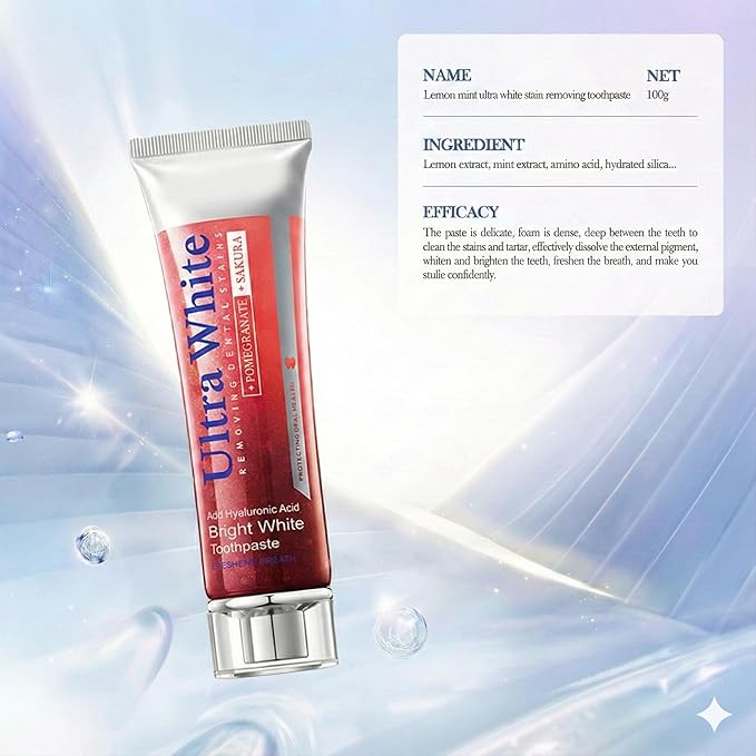Pomegranate & Sakura Toothpaste, Hyaluronic Acid Whitening Gel for Stain Removal, Soothes Gums & Freshens Breath, Red Fluoride-Free Paste, 3.52oz (2 Pack)