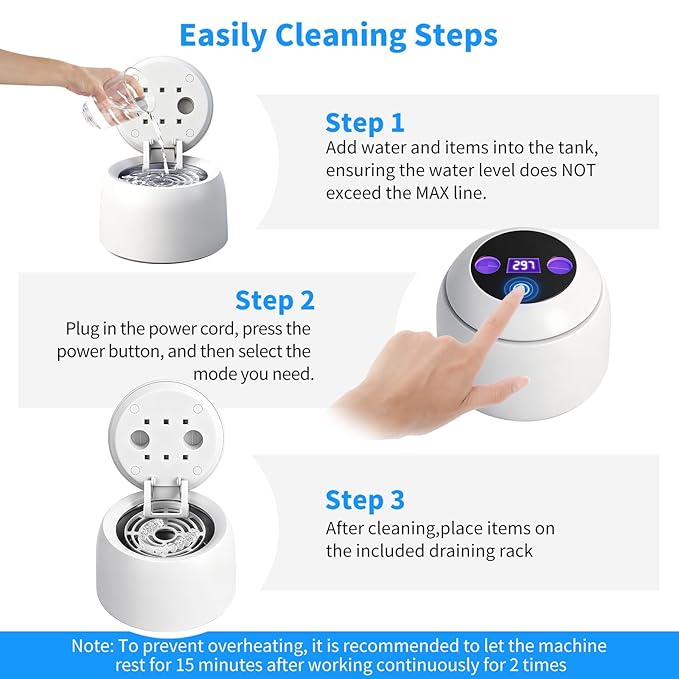 Ultrasonic Retainer Cleaner Machine, 45kHz Dental Ultrasonic Cleaner for Denture, Mouth Guard, Aligner, Braces, Toothbrush Heads, Jewelry, 5 Modes Cleaning, Digital Timer & 200ML Capacity