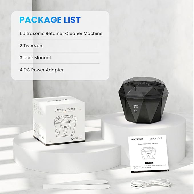 15W Ultrasonic Retainer Cleaner with 2 * 2000mAh Rechargeable Battery, LUMYSPACE 43±5KHz Denture Cleaner Machine, Digital Timer & U-V-C Lights for Braces Night Guard Mouthguard Aligners Jewelry