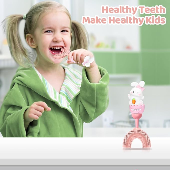 U-Shaped Toothbrush for Kids Ages 2-7,Soft Food-Grade Silicone for Sensitive Gums,360° Teeth Cleaning Design,Training & Travel-Friendly Toddler's Toothbrush (Pink)