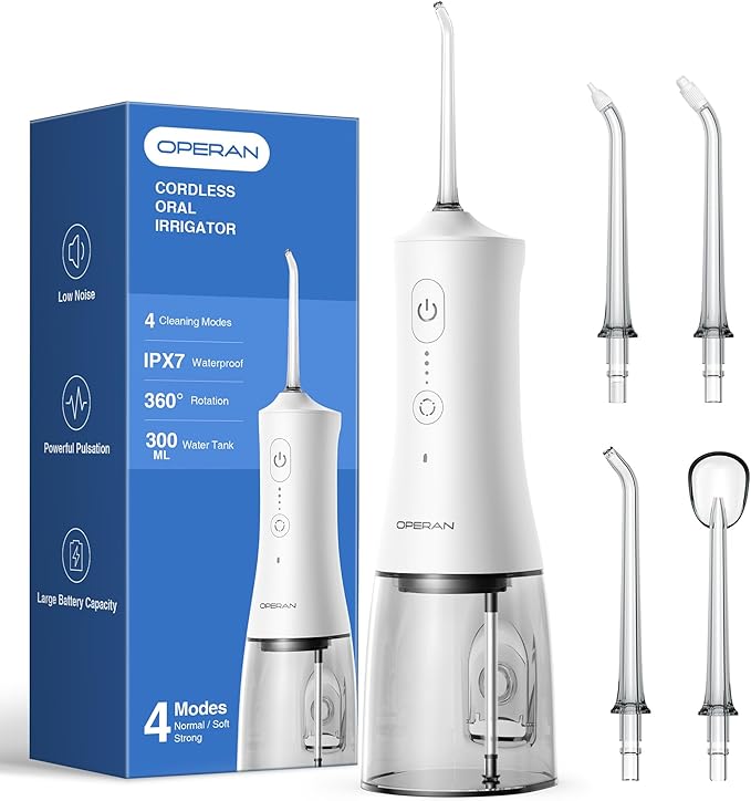 Operan Water Flosser for Teeth Cleaning Upgraded 300ml Cordless Water Dental Flossers Rechargeable Oral Irrigator with 4 Modes 4 Jet Tips IPX7 Waterproof Water Floss for Home Travel (White)+1Pack