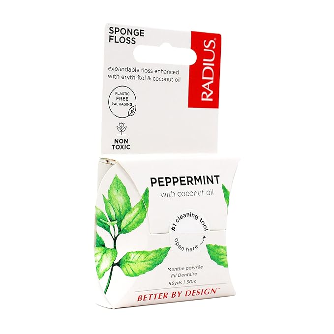Radius Dental Floss, Sponge Floss, Peppermint, 55 Yards, Vegan & Non-Toxic Oral Care Designed to Help Fight Plaque, Pack of 3