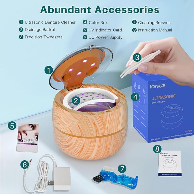 Voraiya Ultrasonic Retainer Cleaner Machine, 360° UV Cleaning Denture Pod, 45kHz Ultrasonic Dental Cleaner Mouth Guard Cleaner for Aligner, Night Guard, Braces, Toothbrush, Jewelry, Ring