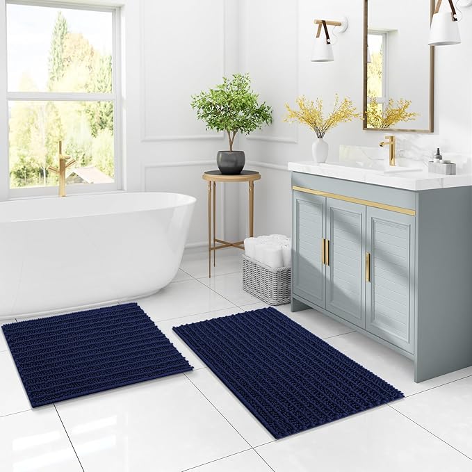 Arotive Luxury Chenille Toilet Rugs U-Shaped, Extra Soft Thick Absorbent Bathroom Mat, Non-Slip Shaggy Plush Contour Rugs, Machine Wash Dry Bath Mat for Toilet Base, 24x24, Navy