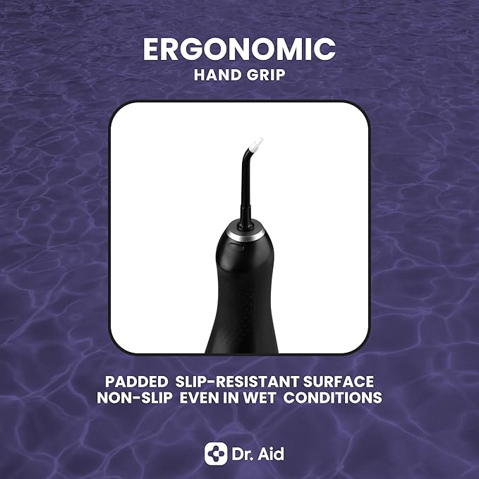 Dr. Aid Dental Water Flosser – Portable Oral Irrigator – 11Oz Tank, Water Filter, 5 Tips, Magnetic Charger – IPX8 Waterproof Cordless Water Flosser, Ideal Water Flossers for Teeth, Gums, Braces, Black
