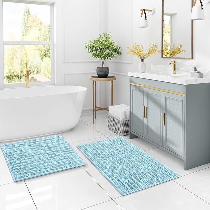 Arotive Luxury Chenille Bathroom Rug Mat, Extra Soft Thick Absorbent Shaggy Bath Rugs, Non-Slip Machine Wash Dry, Plush Bath Mats for Bathroom, Shower and Tub, 70x24, Blue