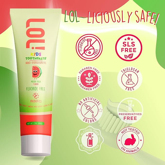 LOL Kids Toothpaste 3-Flavors Pack | Nano Hydroxyapatite Toothpaste, Probiotics, Vitamins A, C, E | Safe if Swallowed, No SLS | 1 Peppermint, 1 Cinnamon, & 1 Melon Flavor