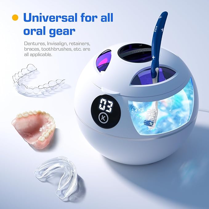 Kingwell 45KHz Ultrasonic Retainer Cleaner Machine, 230ML Denture Cleaner for Retainer, Mouth Guard, Aligner, Toothbrush Head, Dental Cleaning Pod with Digital Timer, FSA HSA Approved (White)