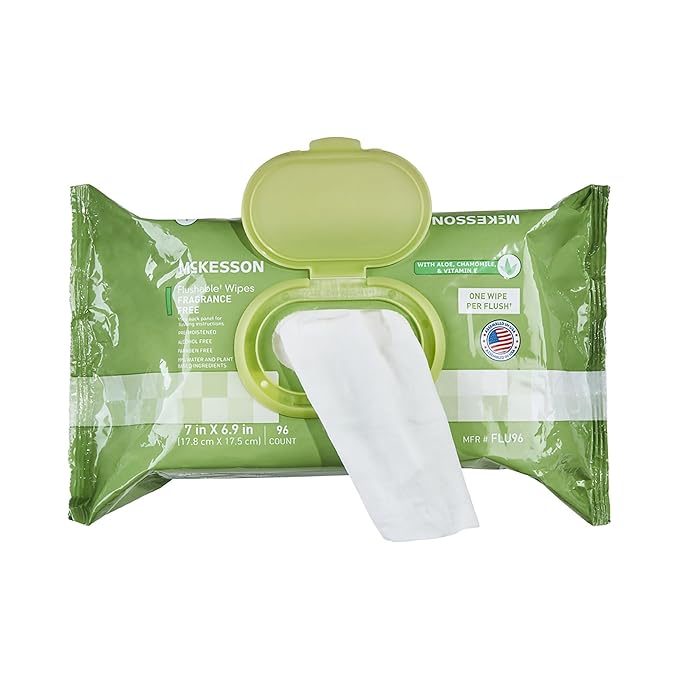 McKesson Flushable* Adult Wet Wipes – 288 Wipes (3 Pack of 96) – Aloe & Vitamin E, Plant-Based Cleansing Wipes, Unscented
