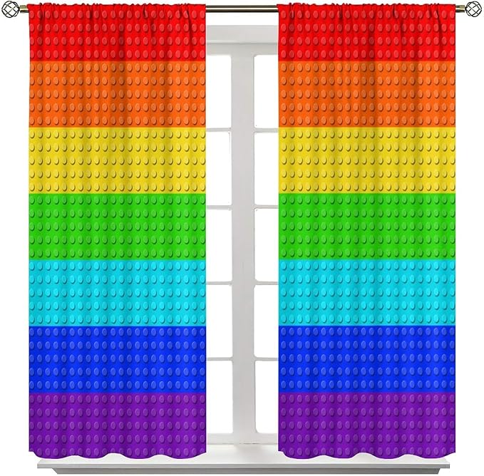 Colorful Building Block Toy Curtain Rod Pocket Children's Nursery Rainbow Contour Plastic Toy Brick Geometric Print Pattern Curtain Boys Girls Bedroom Playroom 2 Panels 84x84in