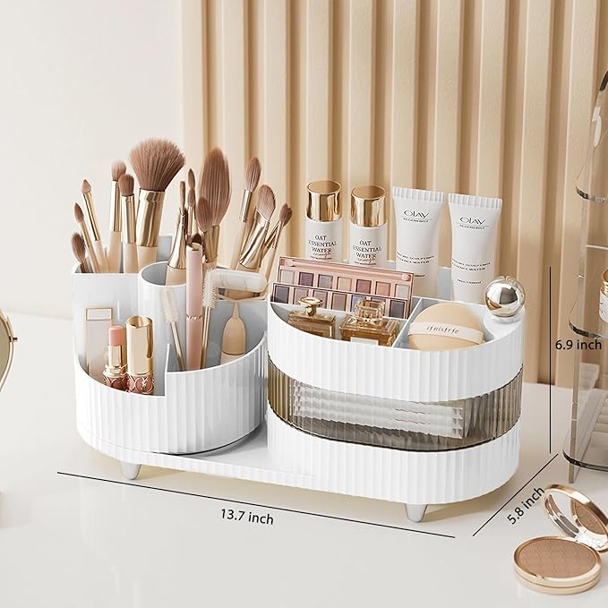 Makeup Organizer Countertop 360°Rotating Makeup Organizer for Vanity - Make Up & Jewelry Storage Cosmetic Storage Holder with Makeup Brush Holder (3 Tiers, White)