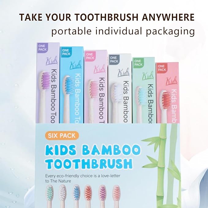 Kids Bamboo Toothbrushes, BPA Free Extra Soft Bristles for Children, Eco-Friendly Natural Bamboo Toddler Toothbrusht, Biodegradable Compostable Tooth Brushes(6 Pack)
