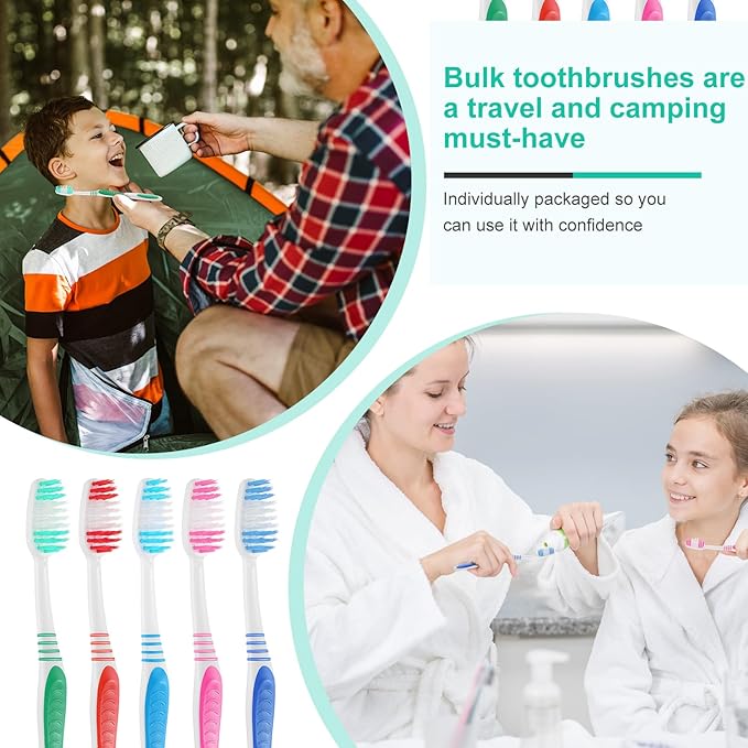 Tioncy 500 Pack Toothbrushes Bulk Individually Wrapped Pack with Covers Colorful Tooth Brushes Medium Disposable Soft Bristles Adult Manual Toothbrush for Travel Hotel Packages Relief Donations