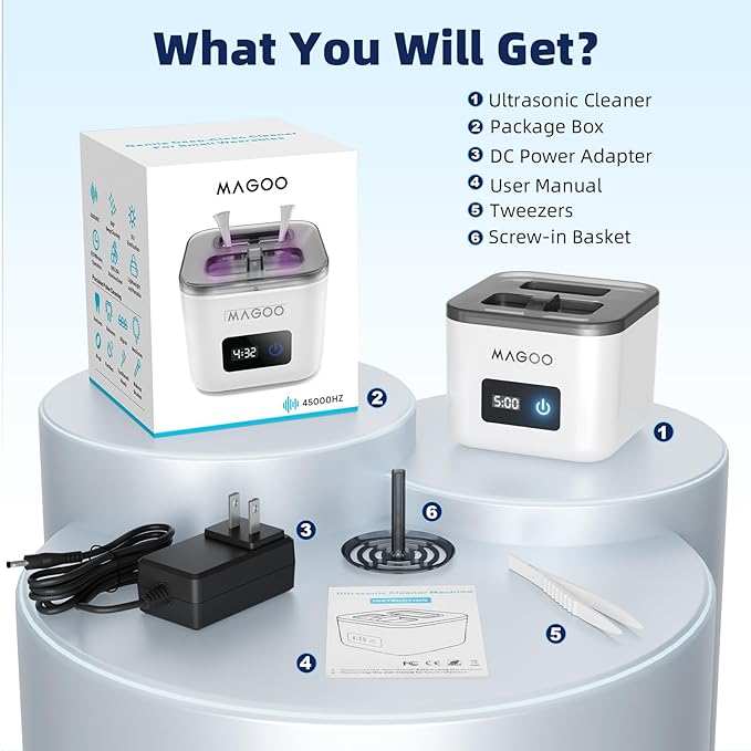 Ultrasonic Retainer Cleaner Machine, Denture Cleaner, All-in-One Dental & Jewelry Cleaner for Aligners, Night Guards, Dentures, Braces, Mouth Guards, Toothbrush Heads, 45kHz, 200ML, Dual Modes
