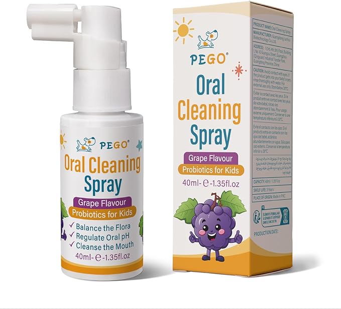 PEGO Kids Oral Spray - Toddler Toothpaste Helper for Fresh Breath, Fruit-Flavored, Probiotic Mouth Spray,Fluoride Free for Newborn to 12 Years(40ml*1, Grape)
