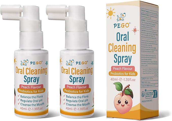PEGO Kids Oral Spray, Toddler Toothpaste Helper for Fresh Breath,Kid's Mouth Spray with Fluoride Free for Newborn to 12 Years (2Pack, Peach)
