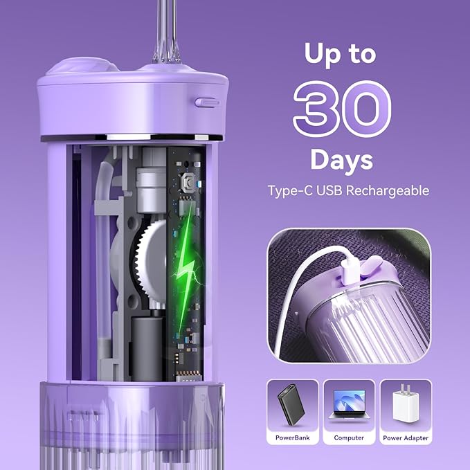 Portable Travel Water Flosser, Water Teeth Cleaner Pick,Mini Portable Oral Irrigator, Telescopic Water Tank, 5 Nozzles, IPX7 Waterproof, Cordless Water Flosser for Teeth, Gums