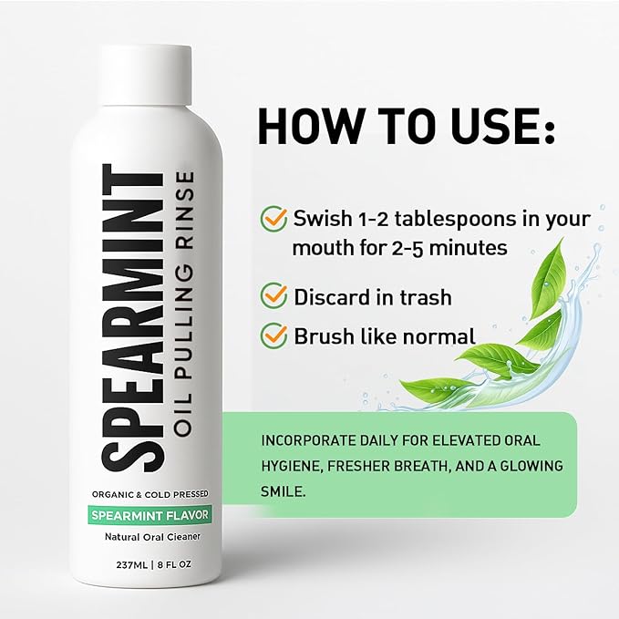Spearmint Oil Pulling Rinse – with Organic Cold-Pressed Coconut Oil & Mentha Haplocalyx Oil, Natural Mouthwash for Fresh Breath, Healthy Gums & Teeth Whitening, 8 fl oz (1)