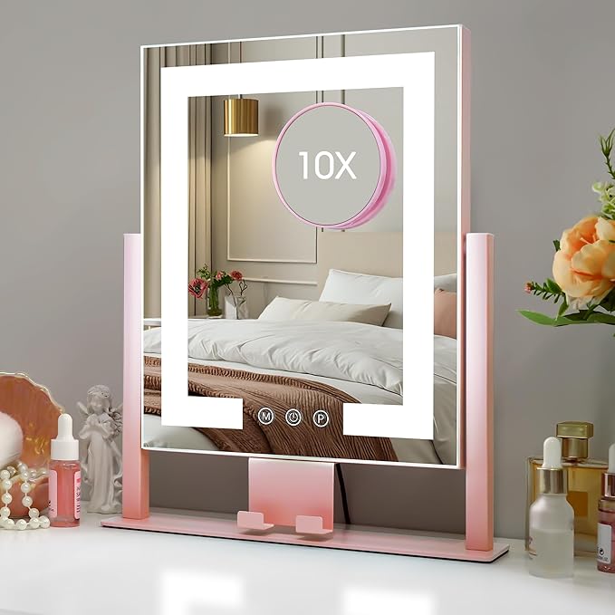 Kottova Vanity Mirror with Lights, Lighted Makeup Mirror, Smart Touch Control, Dimmable 3-Color Lights, Lighted Mirror with Detachable 10X Zoom Mirror, 360° Rotation, Metal Frame(Pink)