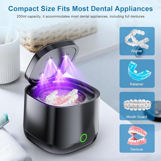 Ultrasonic Retainer Cleaner, 45kHz Retainer Cleaner Machine UV-C Dental Cleaning Pod Lights, 24W, 4000mAh, 200ml, for Denture, Night Guard, Mouth Guard, Aligner, Brace, Multiple