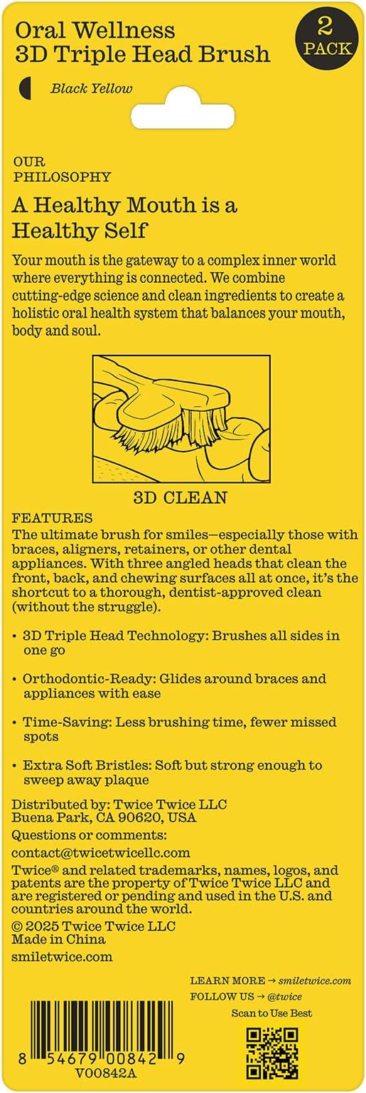 Twice Twice Adult 3D Triple-Head Toothbrush – Ultra-Soft Bristles for Braces, Aligners & Dentures, Advanced 3-Sided Design for Effective Plaque Removal & Complete Oral Care, 2 Count