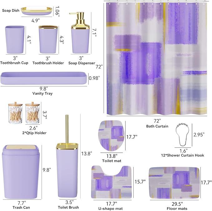 Bathroom Accessories Set - 25PC Bathroom Set with Shower Curtain and Rugs, Purple Bathroom Set, Bathroom Accessory Set with Press-on Lid Trash Can, Soap Dispenser and Qtip Holders