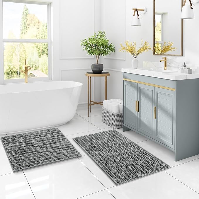 Arotive Luxury Chenille Bathroom Rug Mat, Extra Soft Thick Absorbent Shaggy Bath Rugs, Non-Slip Machine Wash Dry, Plush Bath Mats for Bathroom, Shower and Tub, 34x21, Grey