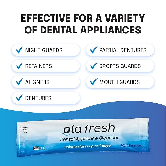 Ola Fresh Dental Appliance Cleanser, Professional Denture and Retainer Powder Cleanser (Mint Essence Flavor, 24 Packets, 6 Month Supply)