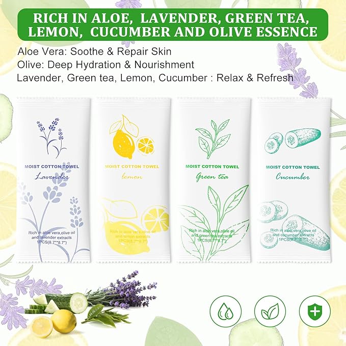 Moist Cotton Towel Bulk Moist Towelettes Individually Wrapped,White Towel Services,Refreshment Pre Moistened Towels for Dentist Travel Sport Party Hotel 240,Lavender,Green tea, Lemon and Cucumber
