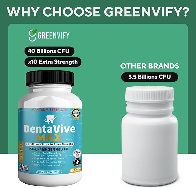 DentaVive Max Probiotic Supplement, 40 Billion CFU, 60 Capsules, Premium Oral Health Support for Teeth, Gums, Digestive Health (1)