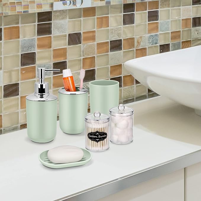 IMAVO Bathroom Accessories Set,Green Bathroom Set,9 Pieces Bathroom Accessory Set,Tray,Qtip Holders,Toilet Brush,Trash Can for Bathroom Décor and Home Gifts