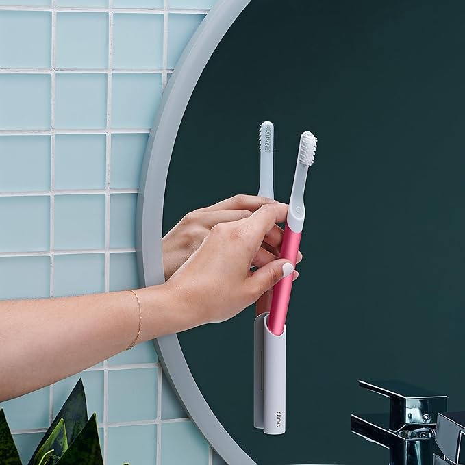 Quip Metal Sonic Electric Toothbrush for Adults - Time Travel & Soft Bristles with Travel Case & Replacement Brush Head - 3 Month Battery Life - Pink