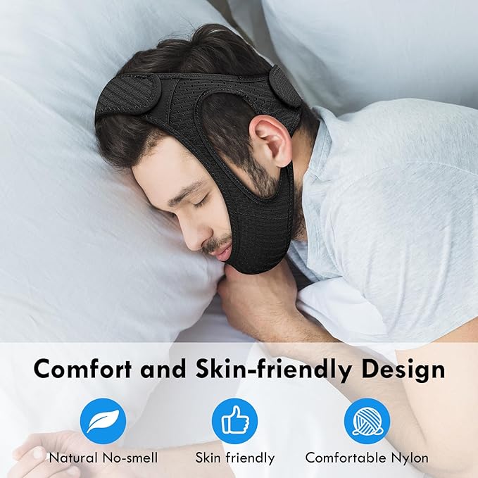 Anti Snoring Chin Strap, Comfortable Chin Strap for Sleeping Anti Snore Chin Strap, Adjustable and Breathable Jaw Strap for Sleep for Men or Women, Non-Stick Hair Anti Snoring Devices, Black