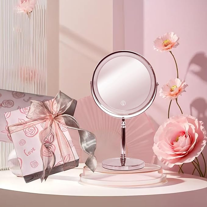 Makeup Mirror with Lights ,8 Inch 1X/10X Rechargeable Double Sided Magnifying , 360° Rotation LED HD Mirror with 3 Colors,Brightness Adjustable, Ideal for Daily Skincare and Professional Makeup