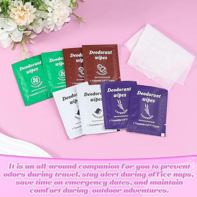Travel Deodorant Wipes Individually Wrapped,Body Wipes to Clean Skin for Women Men(Lavender,Unscented, Coconut Cucumber,pack of 100)