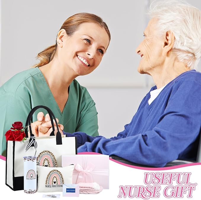 Geiserailie 8 Pcs Christmas Nurse Practitioner Gifts for Women Including Large Tote Bag Cosmetic Bags Tumbler Cup Plush Socks Metal Keychain Card and Envelope for Nurse Practitioner Thank You Gifts