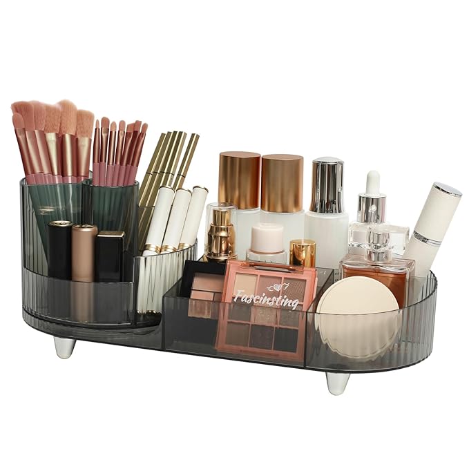 360° Rotating Makeup Organizer for Vanity - Large Capacity Cosmetic Display Case Countertop Cosmetic Storage Holder with Makeup Brush Holders (Gray)
