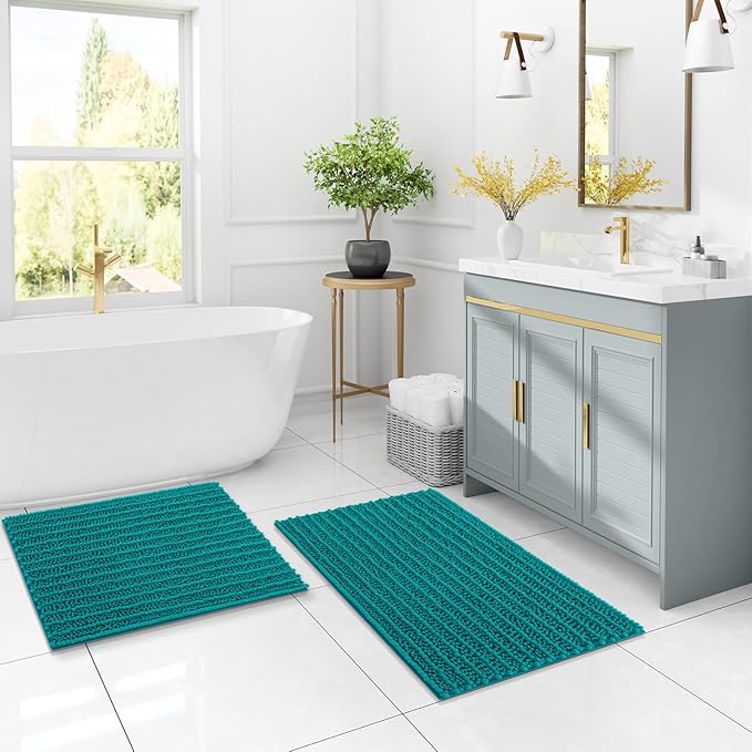 Arotive Luxury Chenille Bathroom Rug Mat, Extra Soft Thick Absorbent Shaggy Bath Rugs, Non-Slip Machine Wash Dry, Plush Bath Mats for Bathroom, Shower and Tub, 24x16, Lake Blue