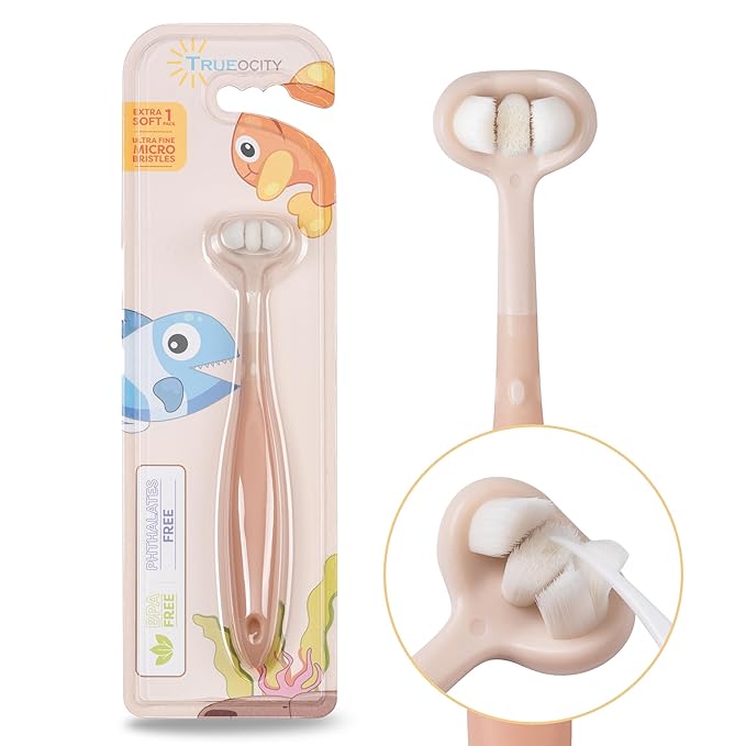 Trueocity Baby Toothbrush 12 Months and Up, Toddler Toothbrush, Extra Soft Toddler Toothbrushes 1-2 2-4, Toothhugger High Efficient 3 Sides,Infant Training Brush, 10,000 Ultra-Soft bristles (Apricot)
