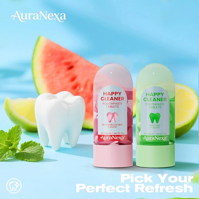 Auranexa Whitening Toothpaste Tablets – Remineralizing Nano Hydroxyapatite Chewable Toothpaste with Xylitol & Probiotics, Lime Mint + Watermelon Mint, Fluoride-Free, 2 Bottles (60 Tablets)