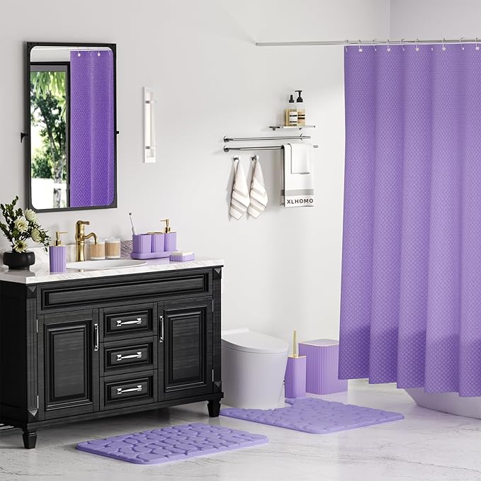 Bathroom Accessories Set - 25PC Bathroom Sets with Shower Curtain and Rugs, Purple Bathroom Set with Trash Can, Soap Dispenser, Soap Dish & Toilet Brush