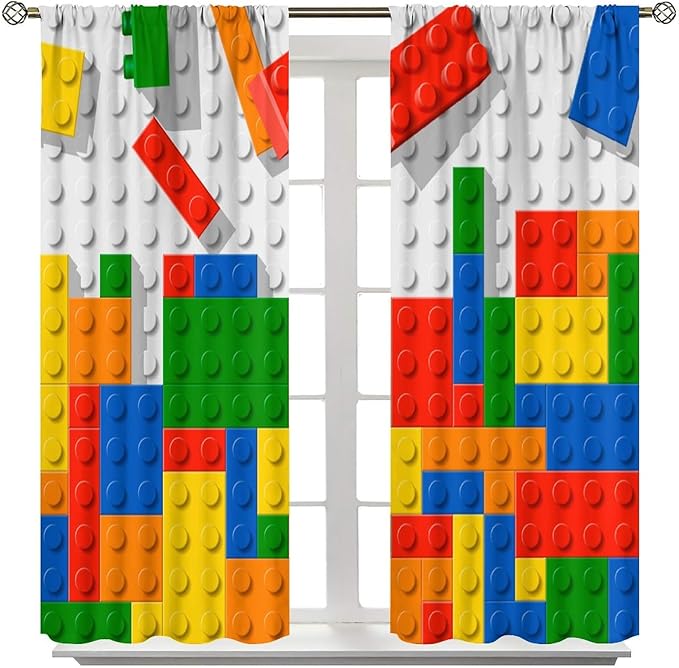 Building Blocks Toy Curtain Rod Pocket Children's Nursery Abstract Outline Colorful Plastic Toy Brick Geometric Print Pattern Curtain Boys Girls Bedroom Playroom 2 Panels 63x63in