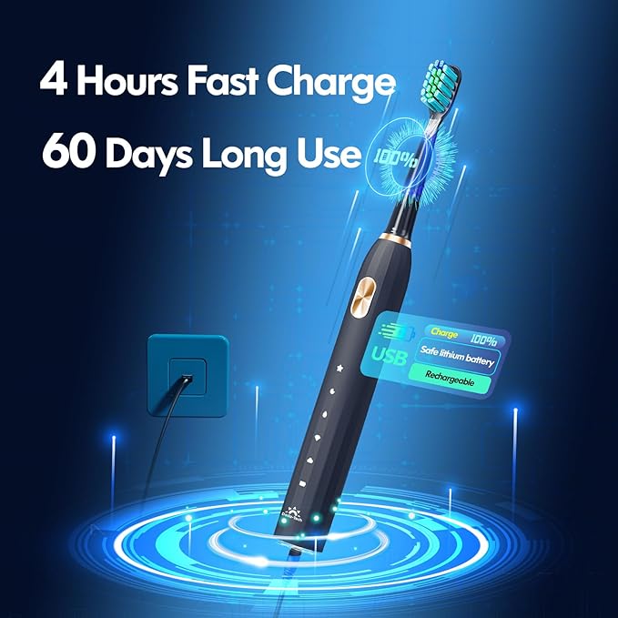 DADA-TECH Ultrasonic Toothbrush for Adults Sonic Toothbrush, 9 Brush Heads, 5 Cleaning Modes, 4-Hour Charge Lasts 60 Days Electric Toothbrush (Black)